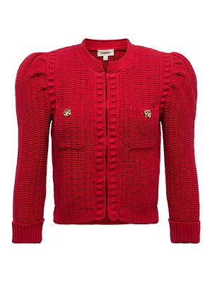 The Delli Cropped Cardigan features a vibrant red hue, long sleeves, a round neckline, two front pockets with gold-tone buttons, ribbed cuffs, and a stylish textured knit design.