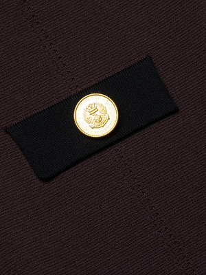Close-up of a gold button with embossed emblem, sewn onto a black fabric strip on the dark brown, power knit textured fabric of the Lumi Knit Micro Short.
