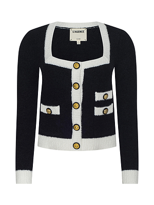 The Monette Cropped Cardigan by L’AGENCE is a black, long-sleeve knit with a square neckline, white trim, gold buttons, and four front pockets.