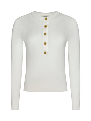 The Ronda Knit Henley Top is a long-sleeved, fitted lightweight white sweater featuring a round neckline and five gold decorative buttons on the Henley-style placket.
