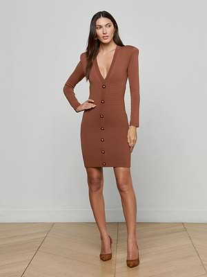 Taru Button-Front Mini Dress in Sepia Brown/Gold | L'AGENCE Taru Button-Front Mini Dress in Sepia Brown/Gold | L'AGENCE