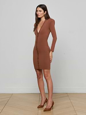 L'AGENCE Taru Button-Front Mini Dress In Sepia Brown/Gold L'AGENCE Taru Button-Front Mini Dress In Sepia Brown/Gold