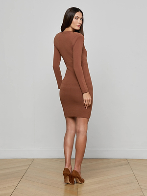 A woman with long dark hair stands on a wooden floor, facing away and looking over her shoulder. She wears the L'AGENCE Taru Button-Front Mini Dress with long sleeves and brown heels, set against a plain light gray wall.
