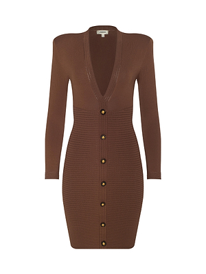 The Taru Button-Front Mini Dress by L'AGENCE is a brown, textured knit long-sleeve dress with a deep V-neckline, large front buttons, and a sculpted fit.