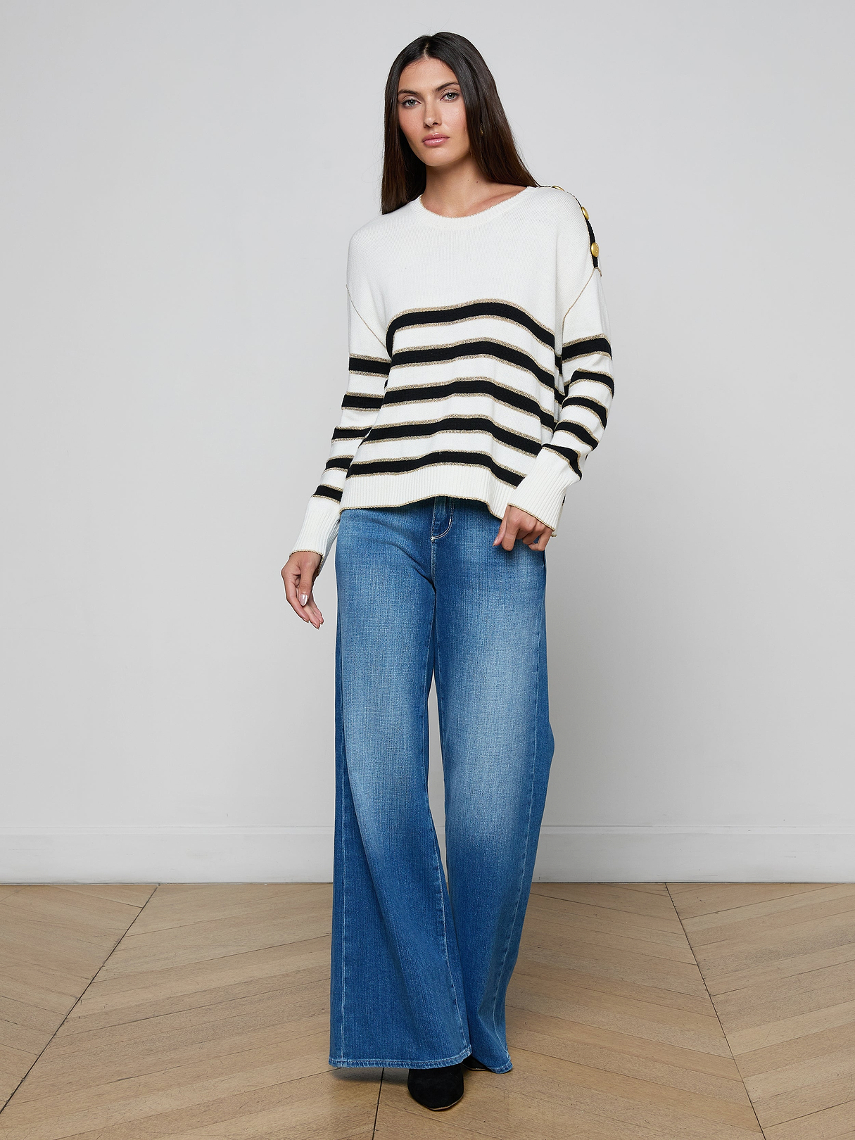Bishop Striped Sweater in Ivory/Black/Gold Stripe | L'AGENCE