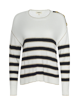 The Bishop Striped Sweater is a white sweater with black horizontal stripes, gold trim, metallic accent stripes, long sleeves, and gold buttons on one shoulder.