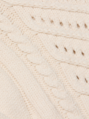 Close-up of the cream Storm Cable-Knit Sweater by L’AGENCE, featuring textured cable knit rows and eyelet details—ideal for a cozy cropped look with stylish gold button accents.