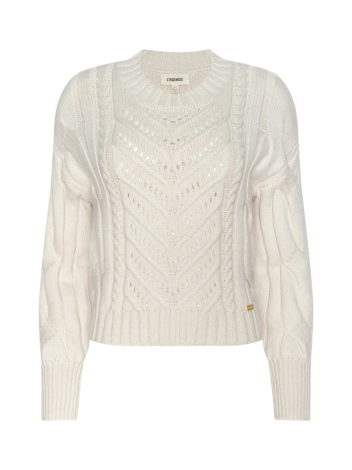 l'orフロントラインニット Storm Cable-Knit Sweater in Ivory/Gold | L'AGENCE