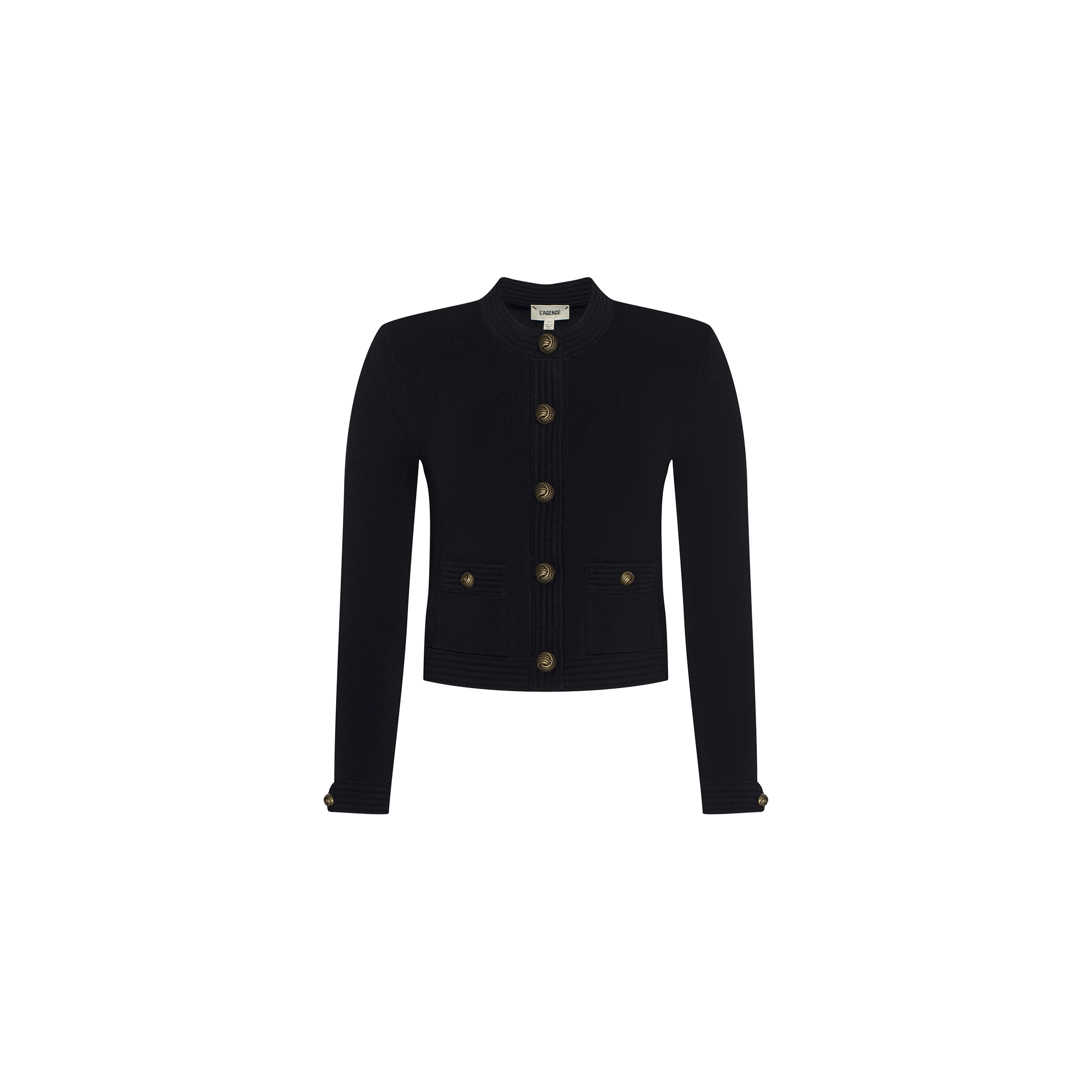 The Patsy Cropped Cardigan is a black, long-sleeve, collarless jacket crafted from power knit fabric. It features signature gold buttons down the front and on the cuffs, along with two front pockets. The cardigan is displayed against a plain white background.