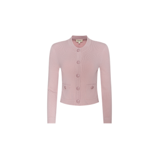 Patsy Cropped Cardigan in light pink features long sleeves, a pointelle knit design, button-up front, and two front pockets, displayed on a plain white background.