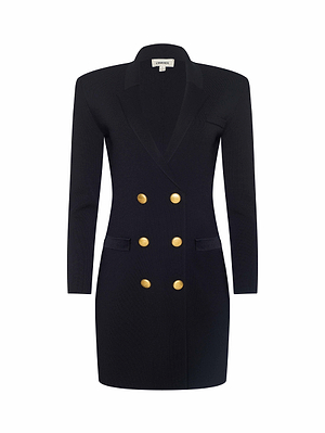 The Meyumi Knit Blazer Dress by L'AGENCE features a black power knit, long sleeves, notched lapel, two side flap pockets, and six gold buttons in two rows for a flattering fit, shown on a plain white background.