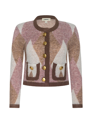The Siobhan Cardigan is a cropped, long-sleeve argyle knit in pink, brown, and white with brown trim, gold buttons, and two front pockets—ideal as a statement layer. Shown on a white background.