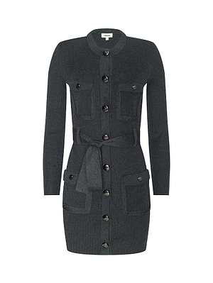 The Lore Cardigan is a black, knee-length, long-sleeve knit sweater dress featuring front buttons, four flap pockets, a waist tie belt, and a round neckline.