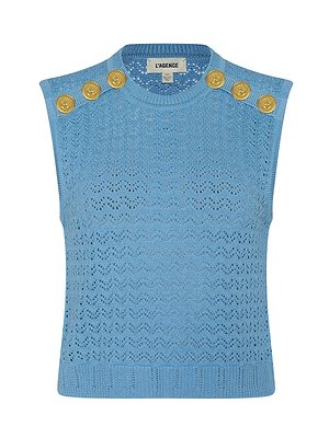 The Max Pointelle Knit Top is a blue sleeveless top with a round neckline, delicate lace pattern, and four gold shoulder buttons on each side. Label: LAGENCE.