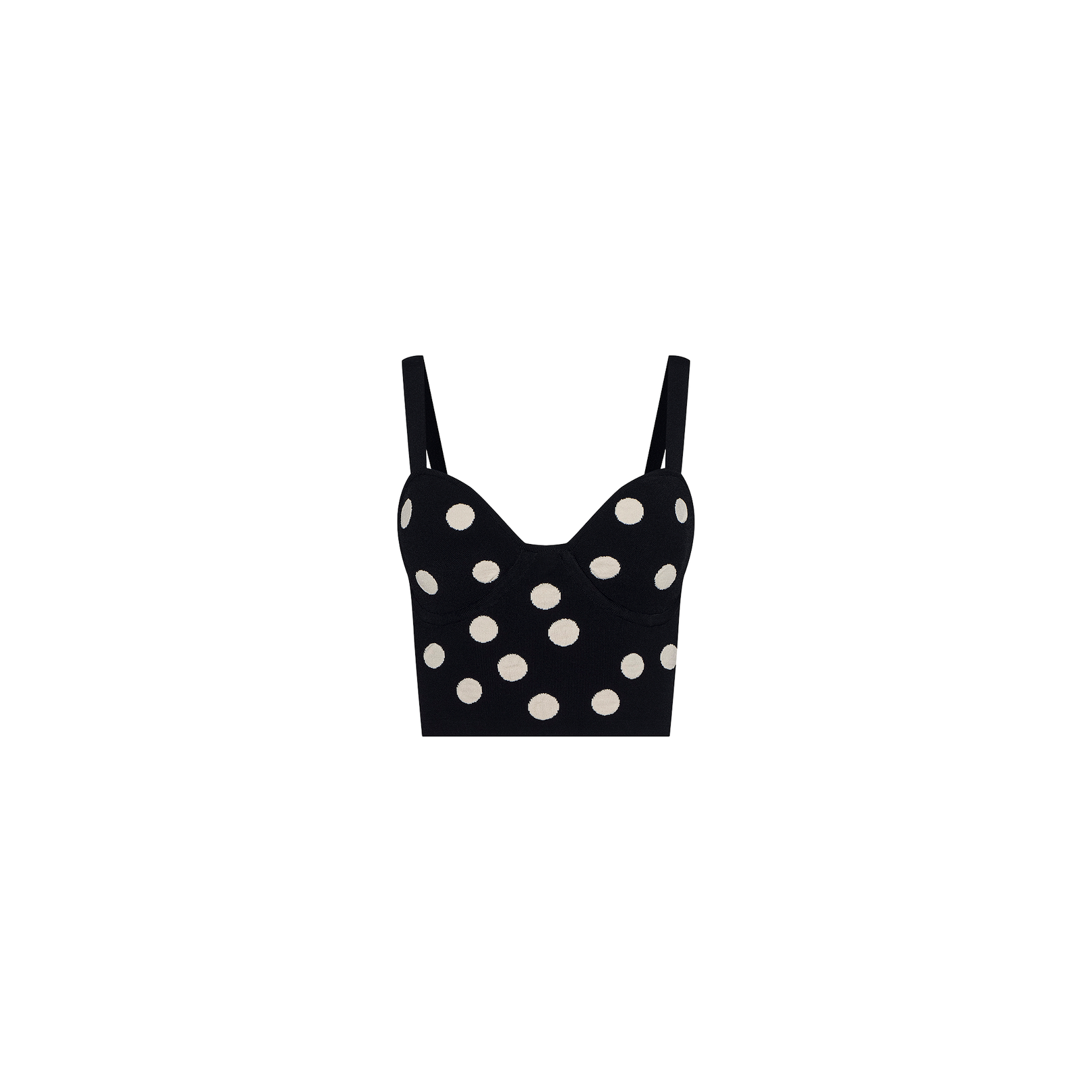 Tula Knit Bra Top in black, designed with jacquard polka dots, thin shoulder straps, and a fitted corset-style silhouette. Displayed on a plain white background.