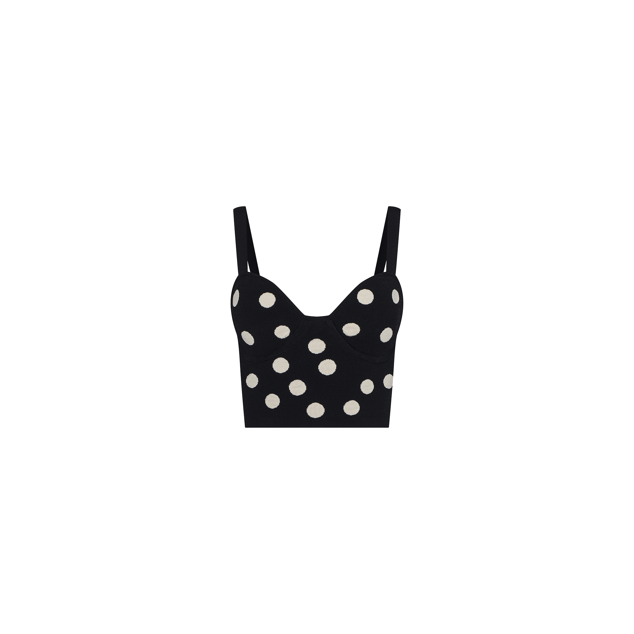 Tula Knit Bra Top in black, designed with jacquard polka dots, thin shoulder straps, and a fitted corset-style silhouette. Displayed on a plain white background.