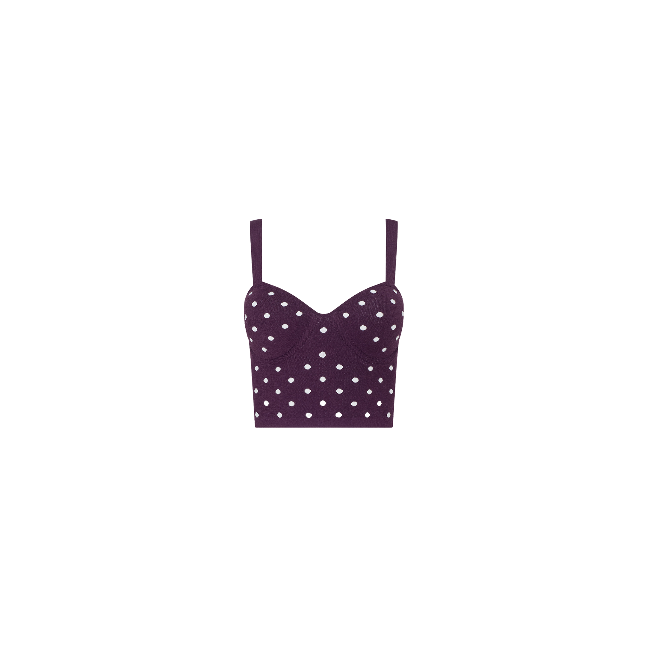 The Tula Knit Bra Top is a dark purple cropped tank top with jacquard polka dots and thin shoulder straps, showcased on a plain white background.