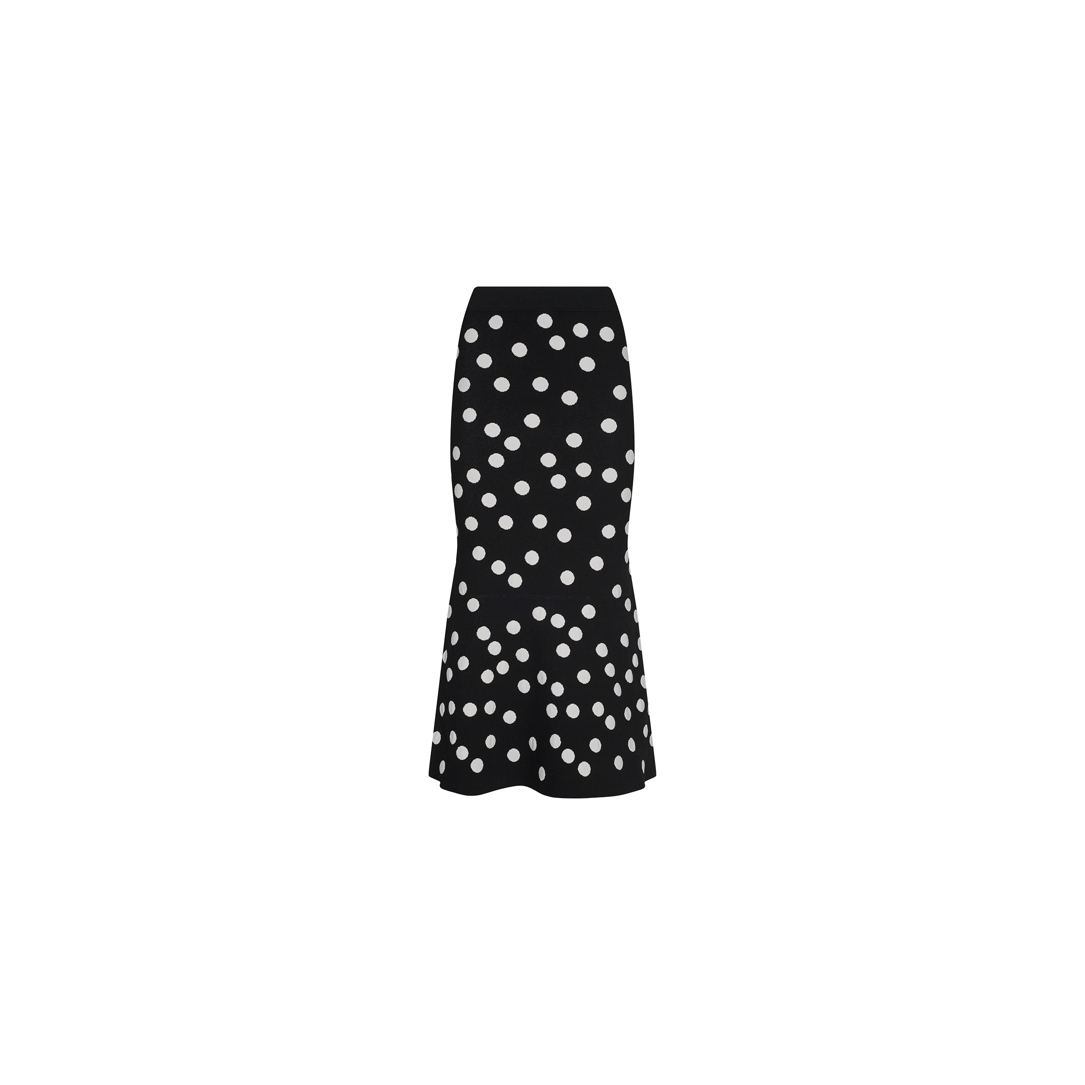 The Mae Knit Flare Skirt is a black, high-waisted, calf-length fit and flare skirt with a flared hem and a white polka dot pattern, shown against a plain white background.