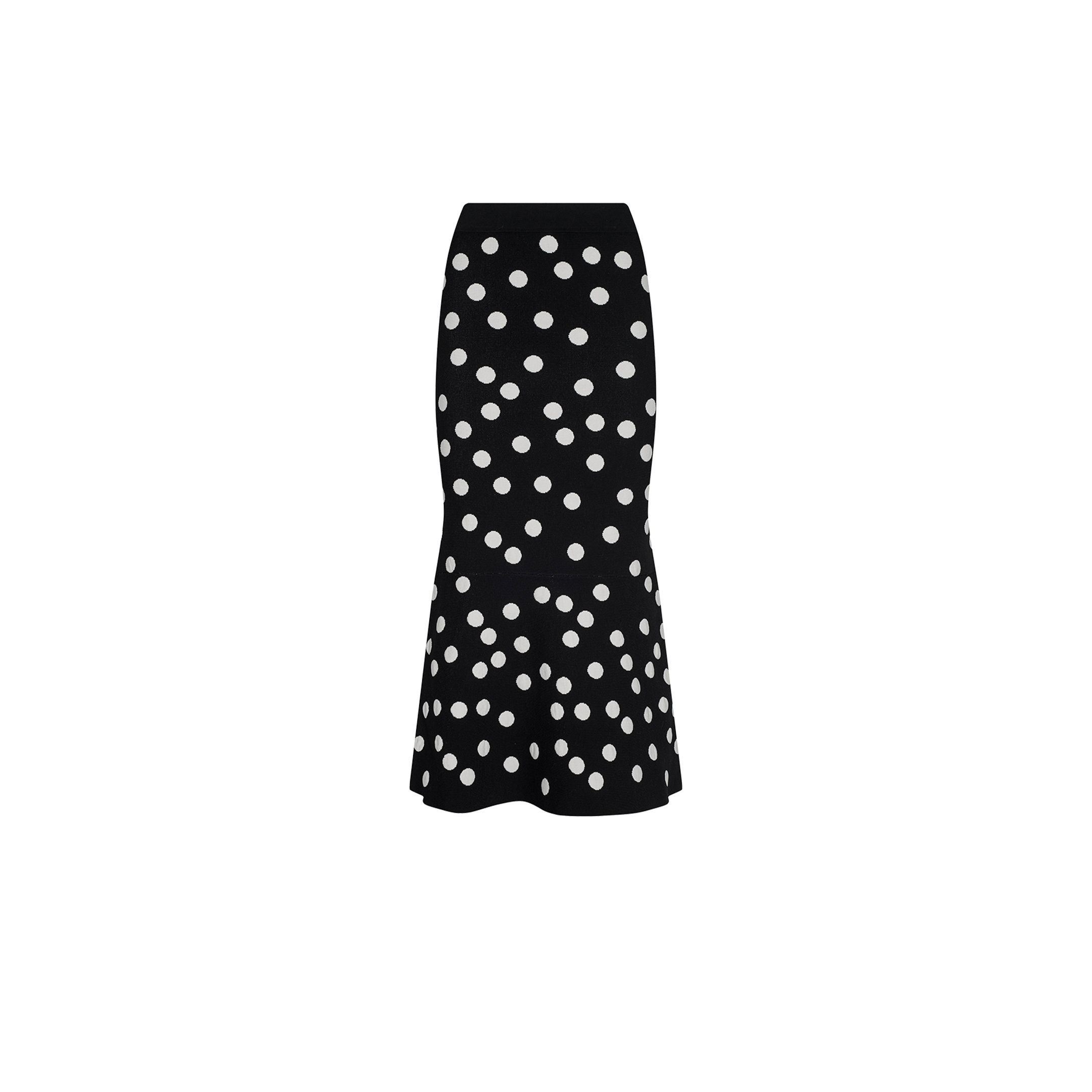 Mae Knit Flare Skirt in black jacquard with a polka dot pattern and a fit and flare silhouette.