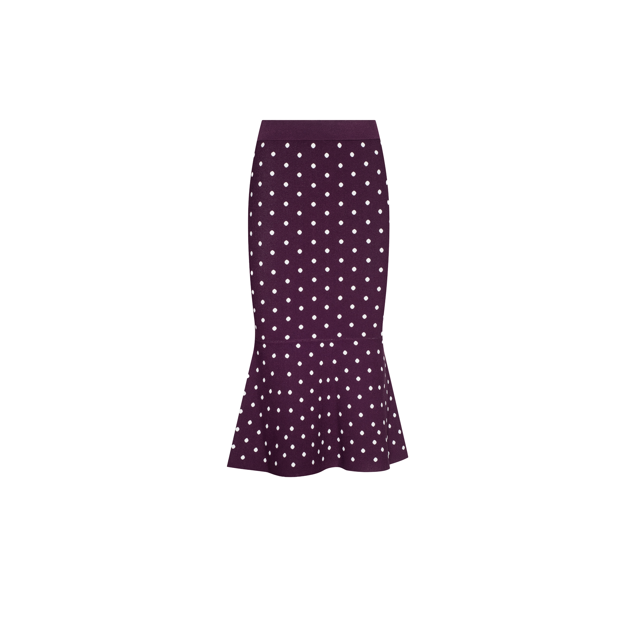 The Mae Knit Flare Skirt is a knee-length, dark purple fit and flare skirt with white polka dots and a flared hem, shown against a plain white background.