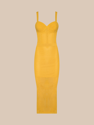 The Michelle Knit Dress is a sleeveless, form-fitting yellow midi dress featuring thin straps and a structured bust, shown against a plain beige background.