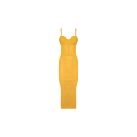 The Michelle Knit Dress is a sleeveless, form-fitting yellow knit midi dress featuring thin shoulder straps, a structured bodice, and a built-in bra, displayed on a plain white background.