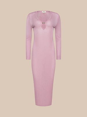 The Sydney Knit Dress is a light pink, long-sleeve, form-fitting knit midi dress with a scoop neckline and two chest buttons, shown against a plain beige background.