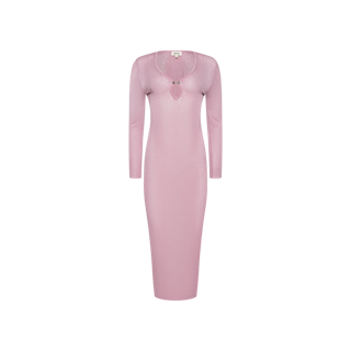 The Sydney Knit Dress is a long-sleeved, light pink pointelle knit midi dress featuring a fitted silhouette, scoop neckline, and two decorative buttons at the chest, displayed on a plain white background.