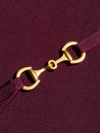 A close-up of a gold horse bit detail attached to a burgundy textured fabric, featured on the Lana Flare Knit Dress, evoking the elegant accents of a classic day dress.