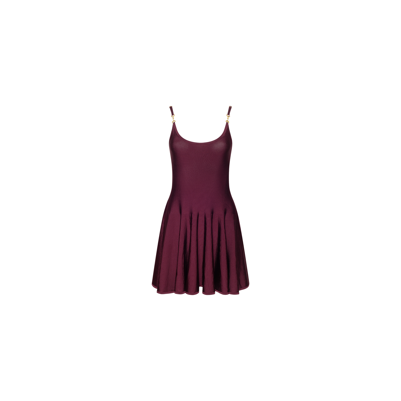 The Lana Flare Knit Dress is a sleeveless burgundy skater day dress featuring a scoop neckline, fitted bodice, and flared stretch knit skirt, displayed on a plain white background.