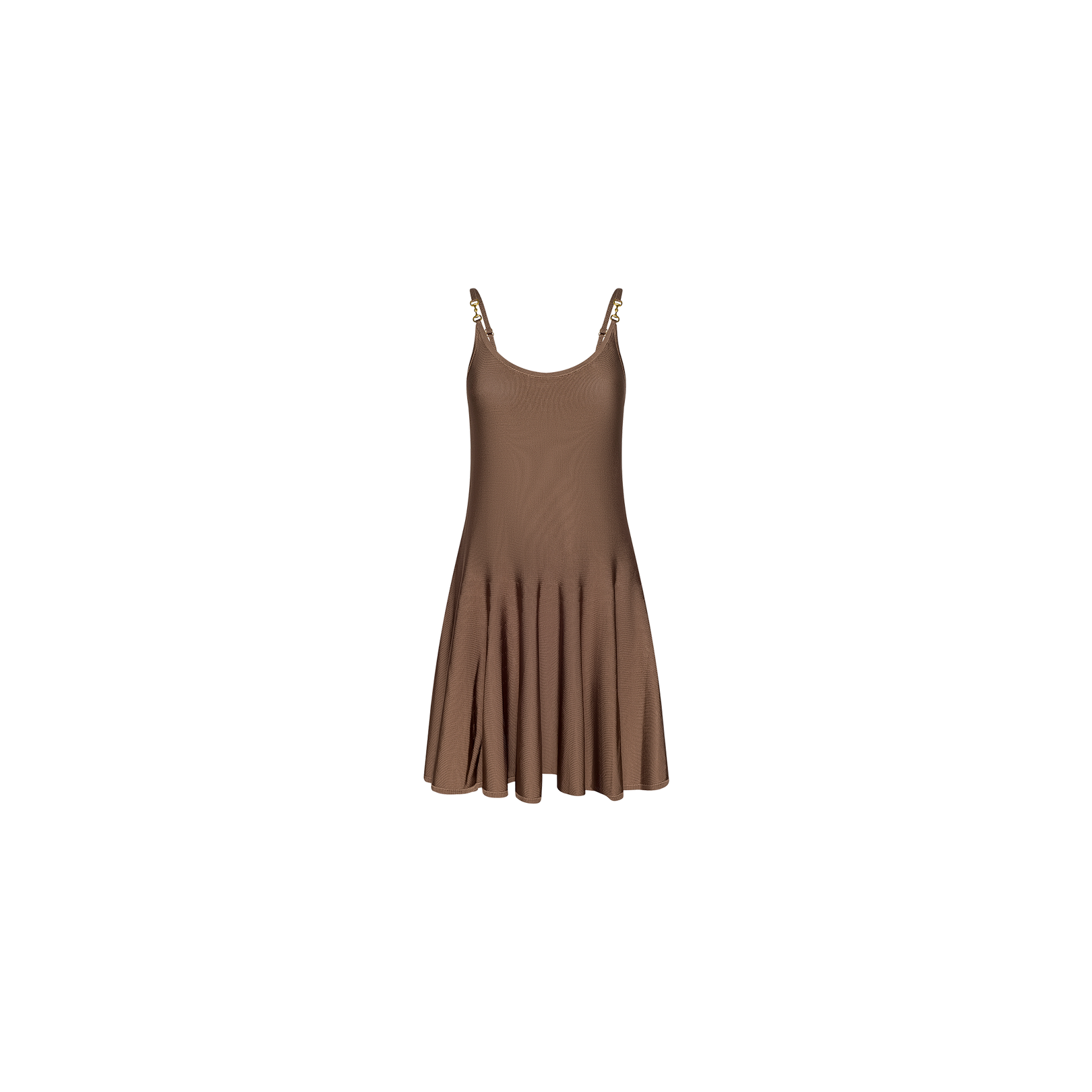 The Lana Knit Dress is a brown stretch knit dress featuring thin straps and a flared skirt, displayed on a plain white background.