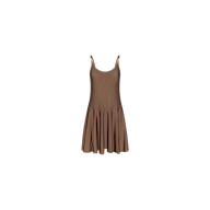 The Lana Knit Dress is a brown stretch knit dress featuring thin straps and a flared skirt, displayed on a plain white background.