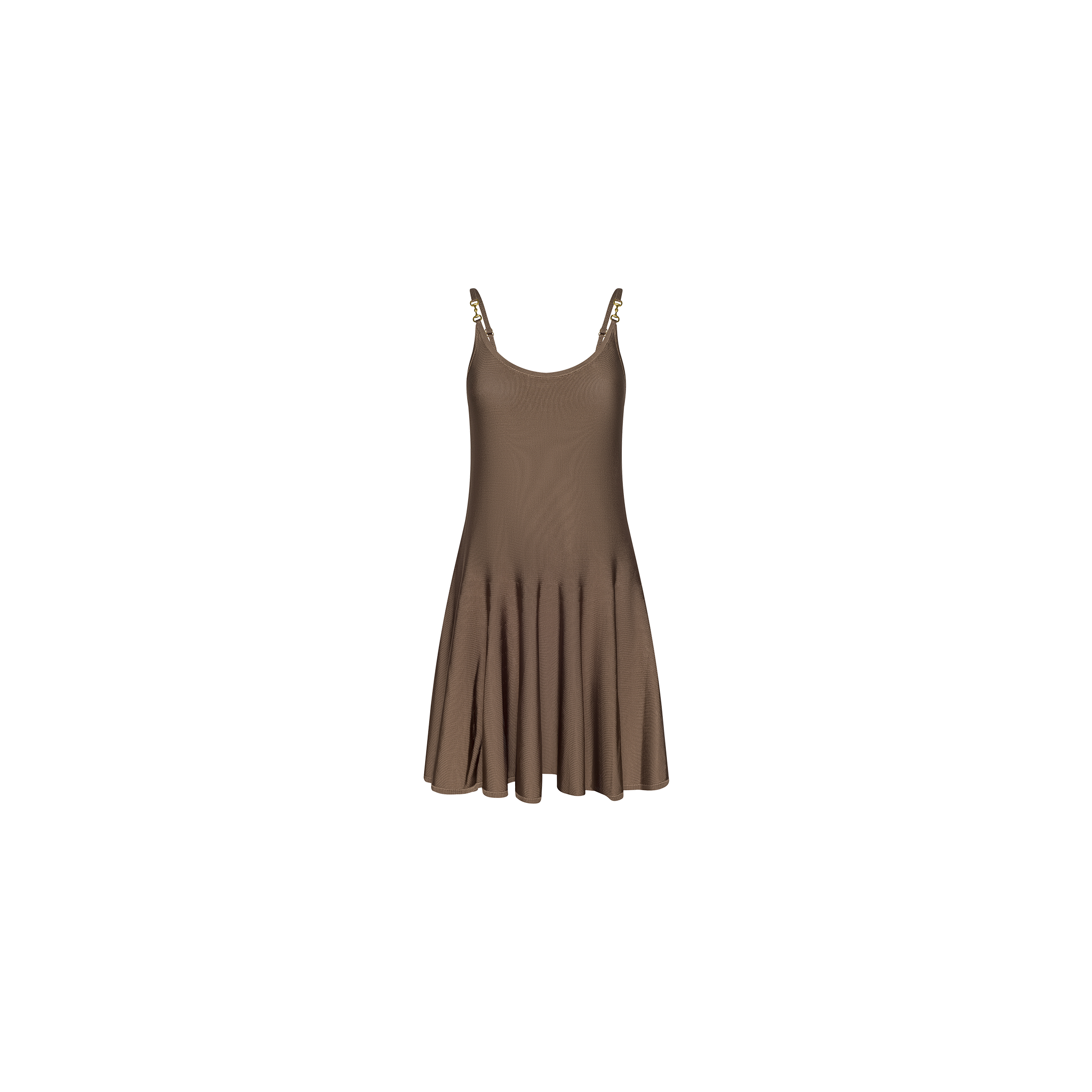 The Lana Knit Dress is a brown stretch knit dress featuring thin straps and a flared skirt, displayed on a plain white background.