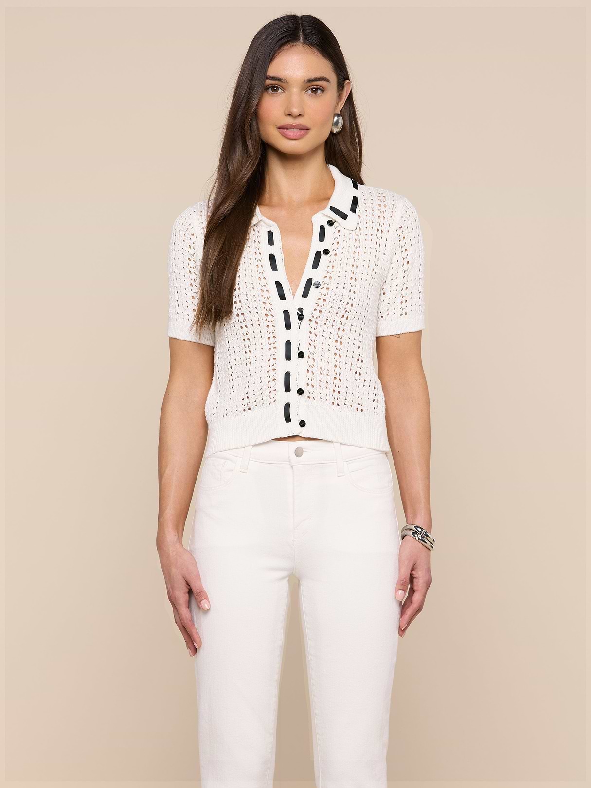 Ninette Knit Top in Ivory/Black | L'AGENCE