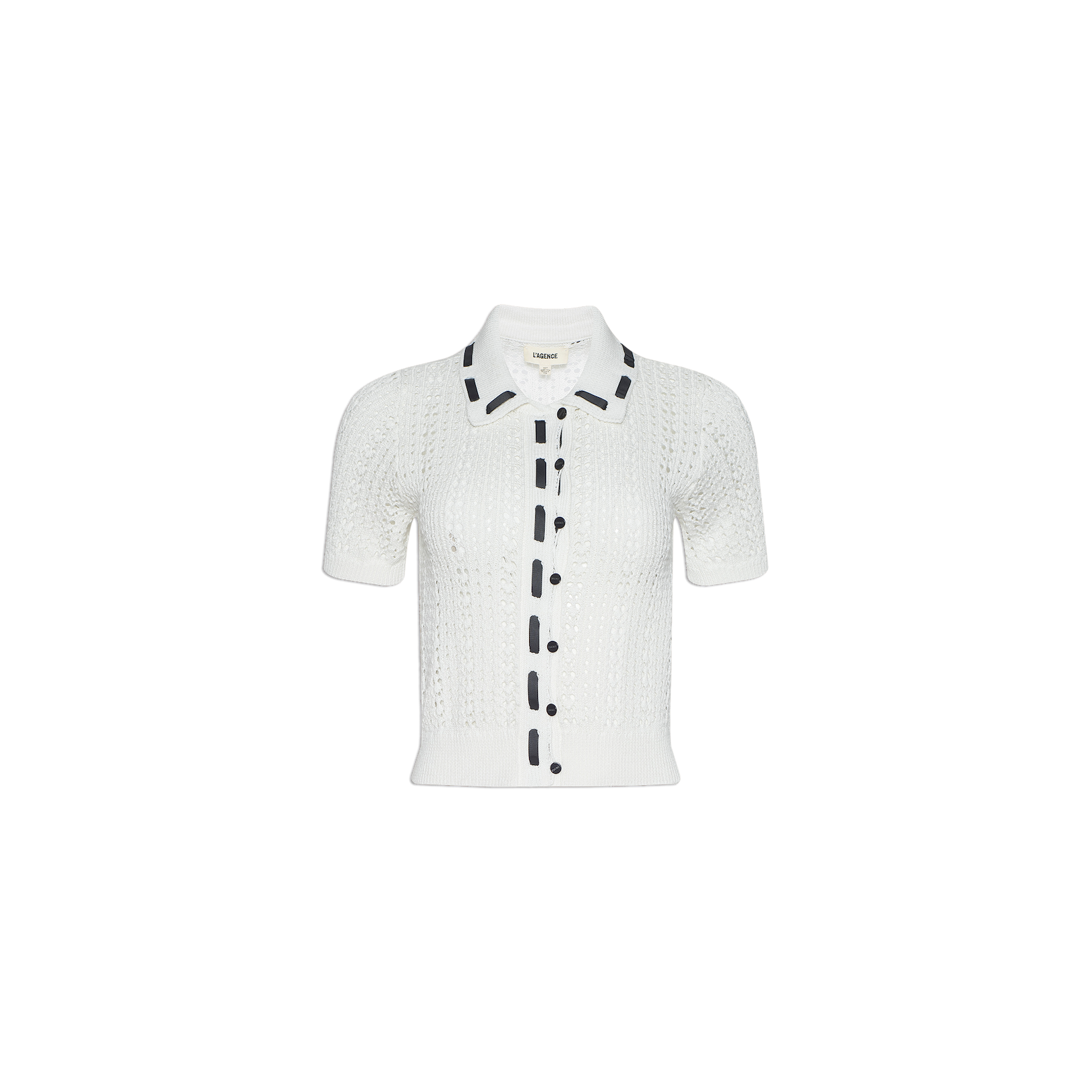 Ninette Knit Top: A white short-sleeve pointelle knit cardigan featuring a collar, front buttons, and black grosgrain ribbon trim along the button line and collar edges, displayed on a plain white background.