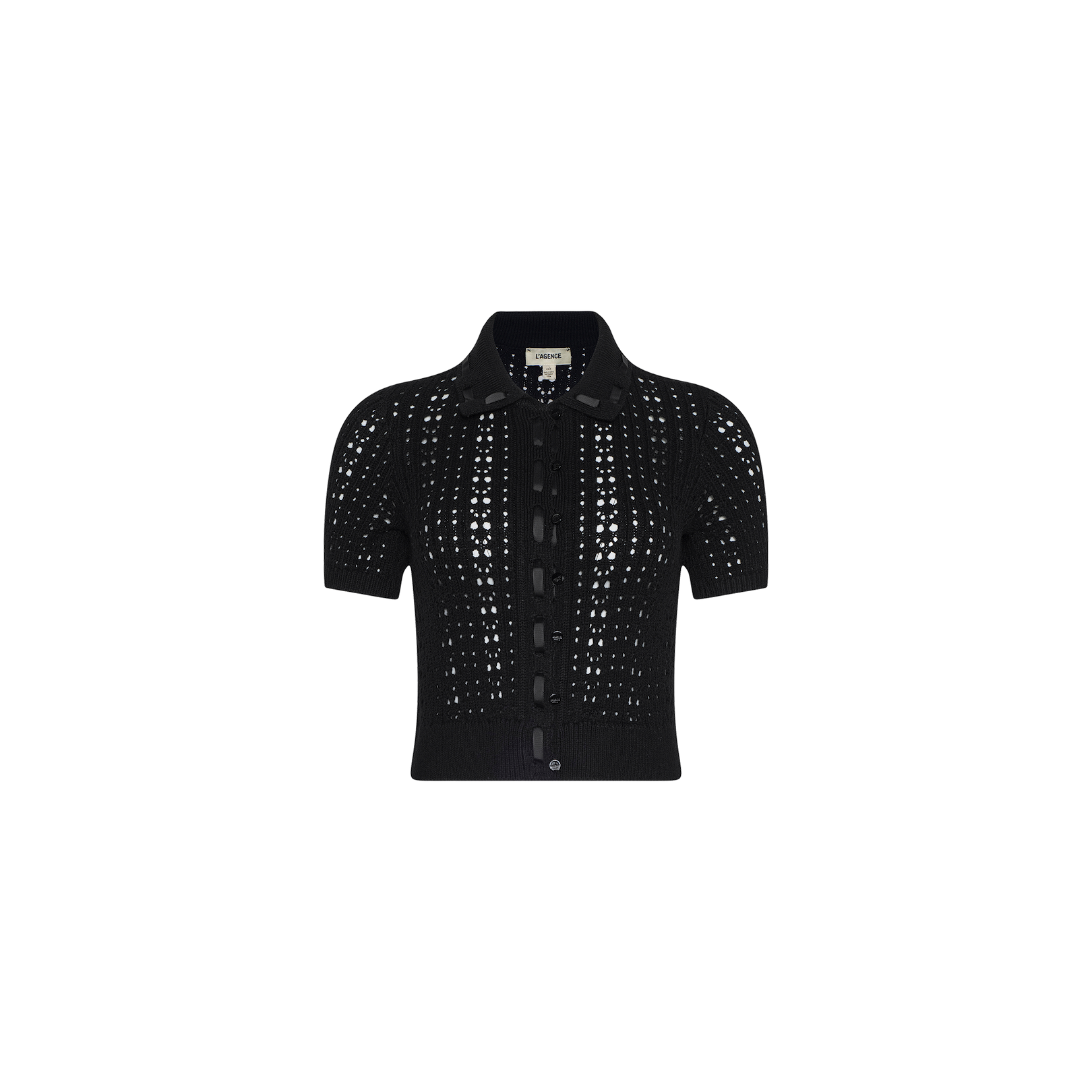 The Ninette Knit Top is a short-sleeve, black button-up crochet cardigan with a collar, featuring a pointelle knit pattern and a fitted silhouette, displayed on a plain white background.