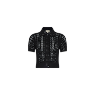 The Ninette Knit Top is a short-sleeve, black button-up crochet cardigan with a collar, featuring a pointelle knit pattern and a fitted silhouette, displayed on a plain white background.