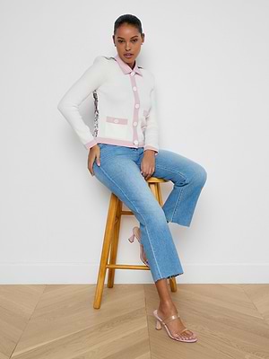L'AGENCE Nomi Satin Back Cardigan In Ivory/Pink/Multi Butterfly Jungle L'AGENCE Nomi Satin Back Cardigan In Ivory/Pink/Multi Butterfly Jungle