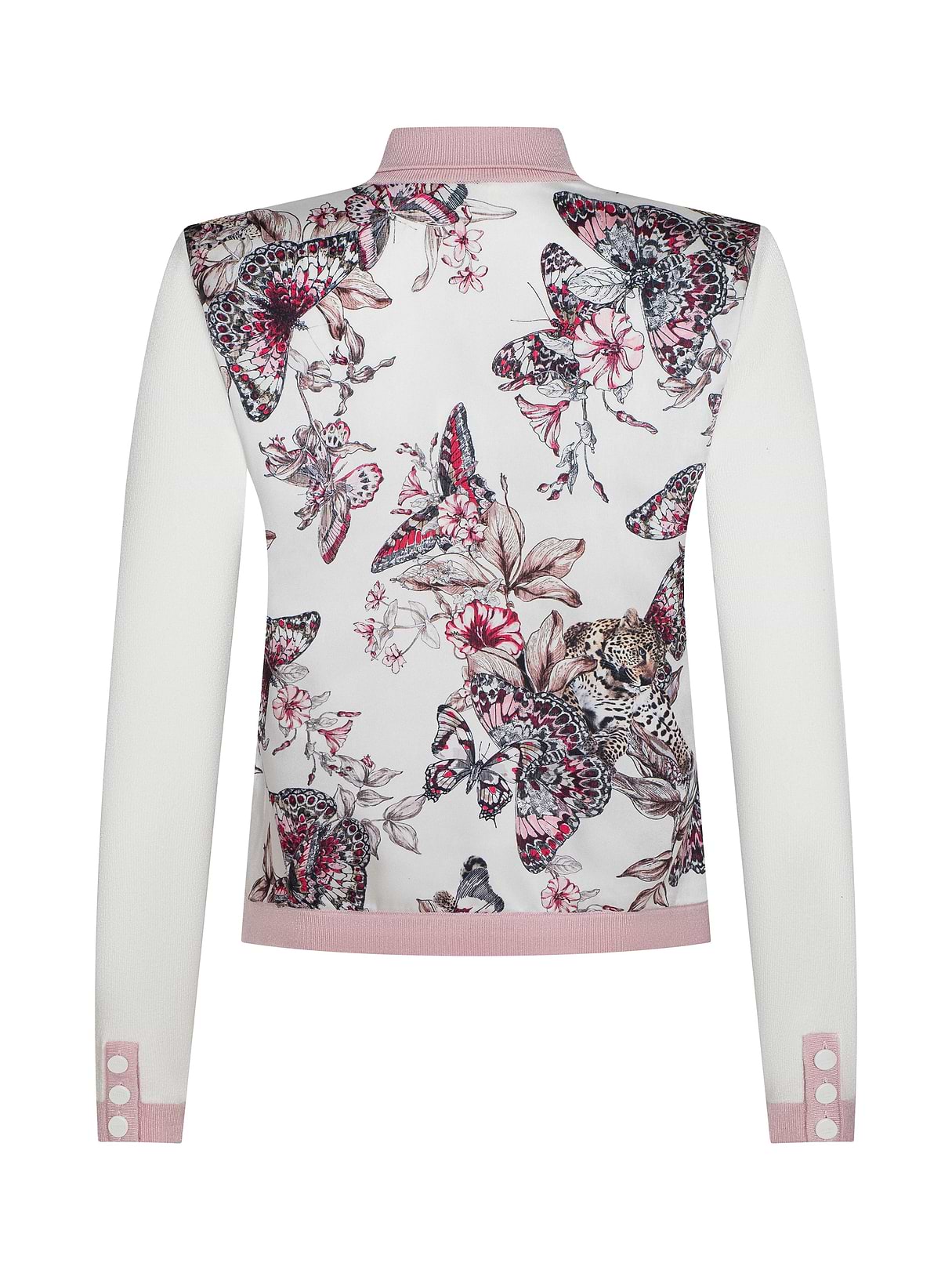 Nomi Satin Back Cardigan in Ivory/Pink/Multi Butterfly Jungle | L