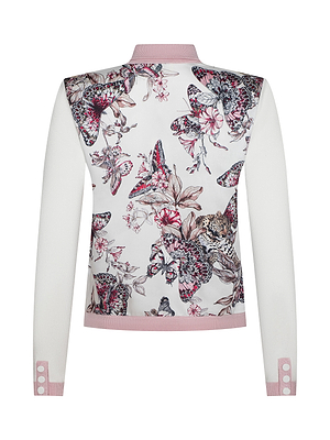 The Nomi Satin Back Cardigan features long white sleeves, a butterfly-jungle print on the back, pink, grey, and black details, and light pink contrast trim at the collar and button cuffs for a stylish finish.