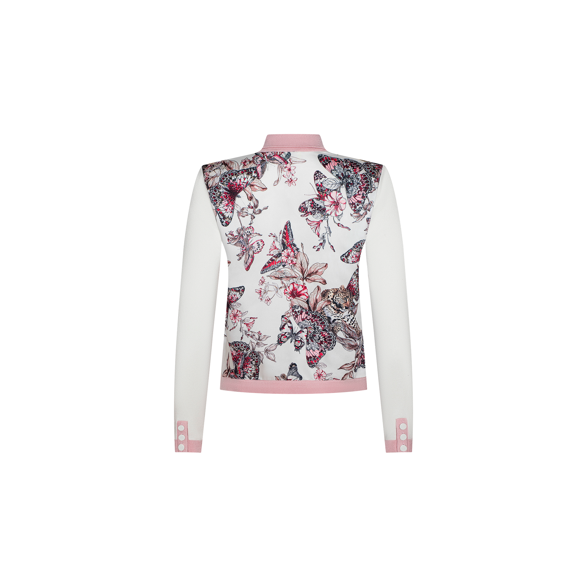 Nomi Satin Back Cardigan in Ivory/Pink/Multi Butterfly Jungle | L Nomi Satin Back Cardigan in Ivory/Pink/Multi Butterfly Jungle | L