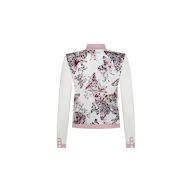 The Nomi Satin Back Cardigan features long white sleeves and a back panel adorned with a pink and gray butterfly-jungle print, accented by pink cuffs and a pink collar, shown against a white background.