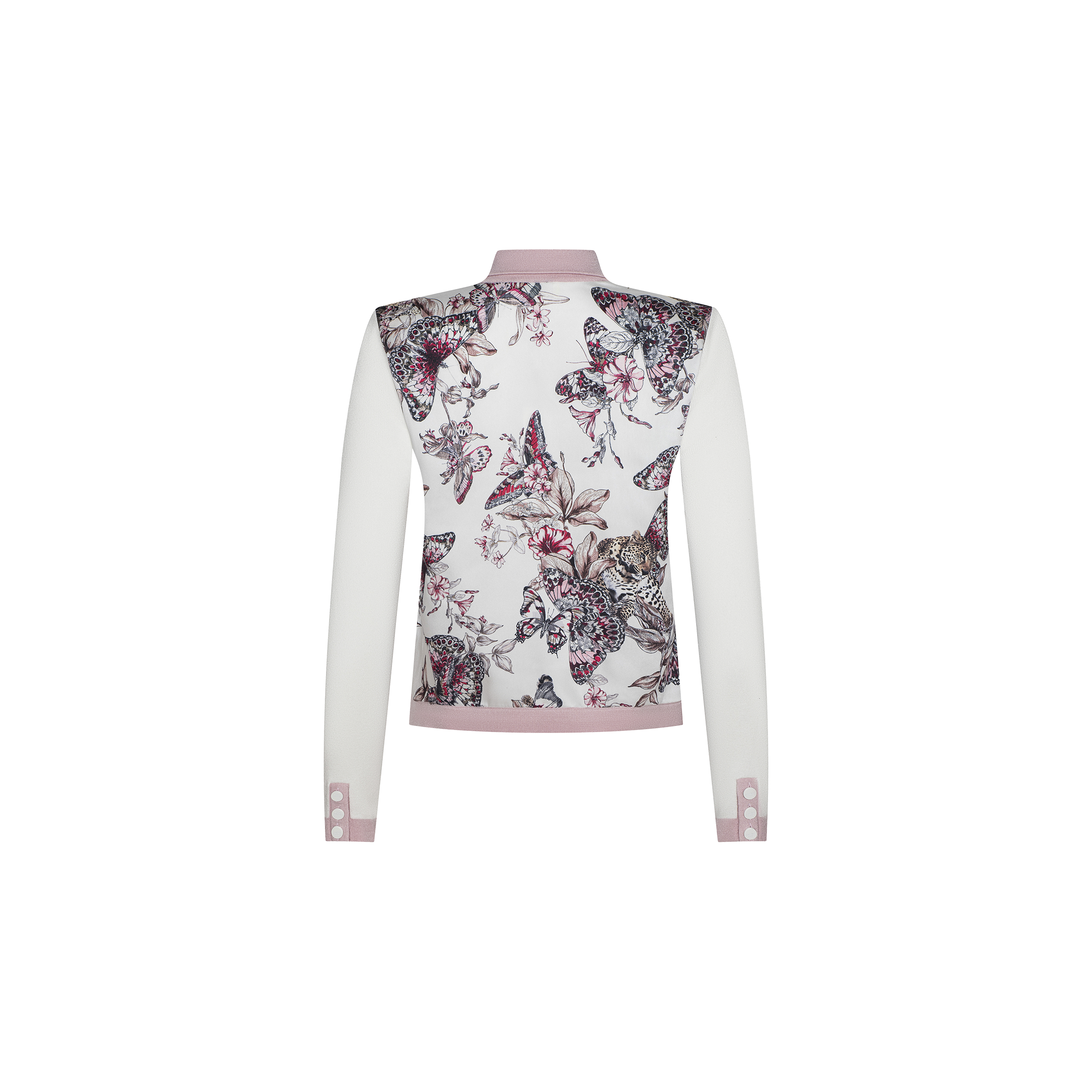 The Nomi Satin Back Cardigan features long white sleeves and a back panel adorned with a pink and gray butterfly-jungle print, accented by pink cuffs and a pink collar, shown against a white background.