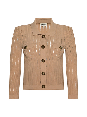 The Risa Collared Cardigan is a neutral tan, long-sleeve top with vertical pointelle knit, a collar, five large front buttons, and two buttoned chest pockets.