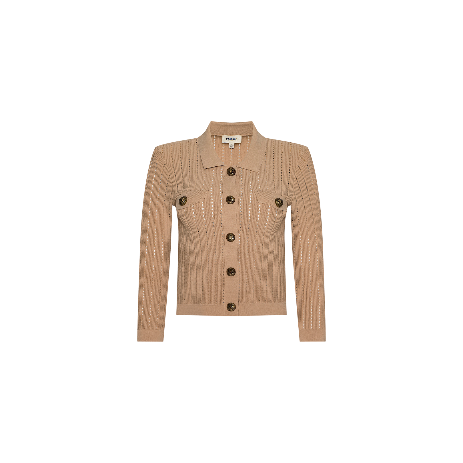The Risa Collared Cardigan features a tan knit design with long sleeves, large brown buttons, a collar, and a subtle vertical pointelle pattern, displayed on a plain white background.
