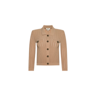 The Risa Collared Cardigan features a tan knit design with long sleeves, large brown buttons, a collar, and a subtle vertical pointelle pattern, displayed on a plain white background.