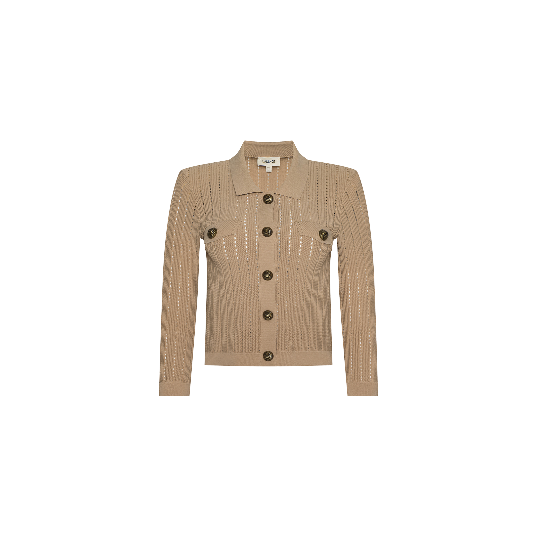 The Risa Collared Cardigan features a tan knit design with long sleeves, large brown buttons, a collar, and a subtle vertical pointelle pattern, displayed on a plain white background.