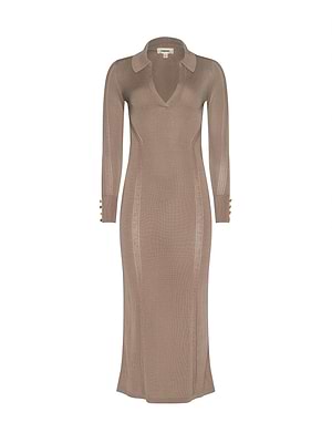 knit maxi dress long sleeve L'AGENCE Delma Knit Maxi Dress In Almond