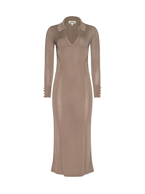 The Delma Knit Maxi Dress is a long-sleeved taupe maxi dress in a soft knit blend, featuring a deep plunge neckline, collar, and gold buttons on the sleeve cuffs, shown against a white background.