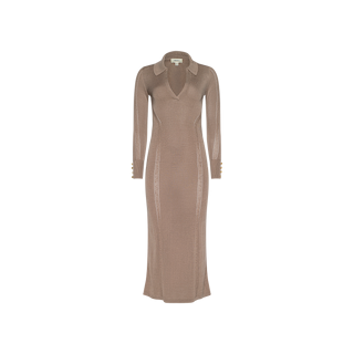 The Delma Knit Maxi Dress is a long-sleeve, ankle-length taupe dress crafted from a soft knit blend, featuring a dramatic plunge neckline, pointed collar, and button details on the cuffs. It is displayed against a plain white background.